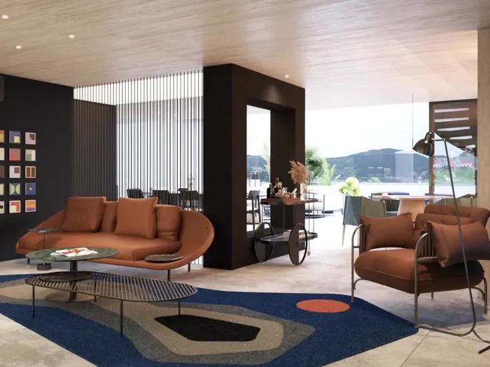 Projeto em 3D de lounge integrado à varanda, com painel ripado e forro em madeira.
